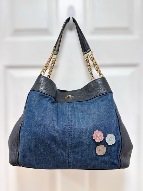 Coach Handbags - Coach Lexy Shoulder Bag Blue Denim Tea Rose Appliqué Navy Leather F25884